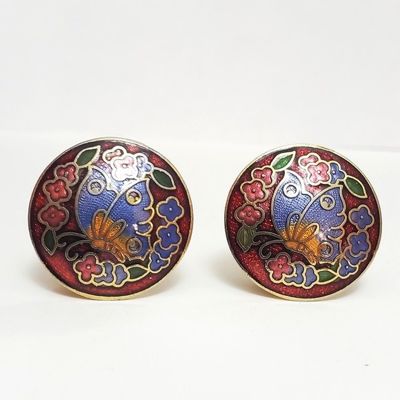 Vintage Cloisonne Butterfly Clip On Earrings - Picture 1 of 5
